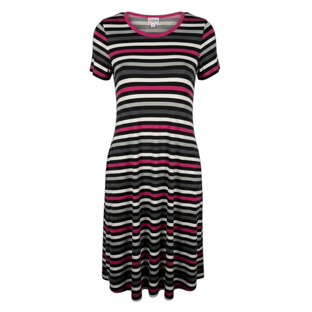 LuLaRoe Jessie Dress L NWT Black White Pink Stripe Short Sleeve Swing Dress